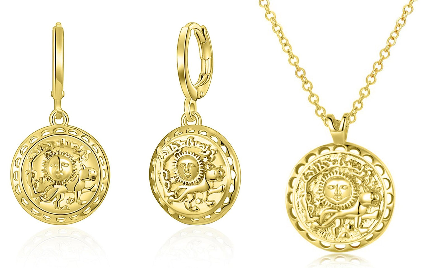 Roman Ingrain Medallion Earrings & Necklace Set in 18K Gold - ALILY