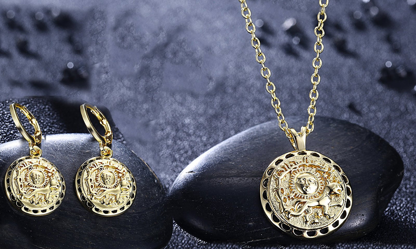 Roman Ingrain Medallion Earrings & Necklace Set in 18K Gold - ALILY