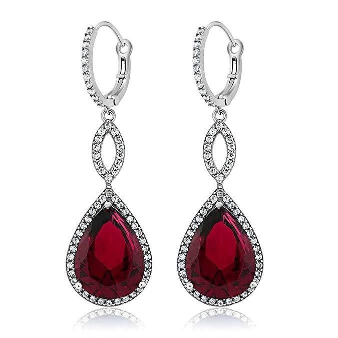 Ruby Pave Teardrop Infinity Drop Embellished with Crystals in 18K White Gold Plated