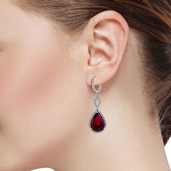 Ruby Pave Teardrop Infinity Drop Embellished with Crystals in 18K White Gold Plated