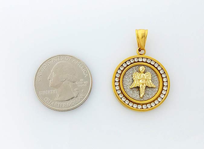 White Crystal Pav'e Medallion Angel Circular Pendant Necklace in 14K Gold Plating