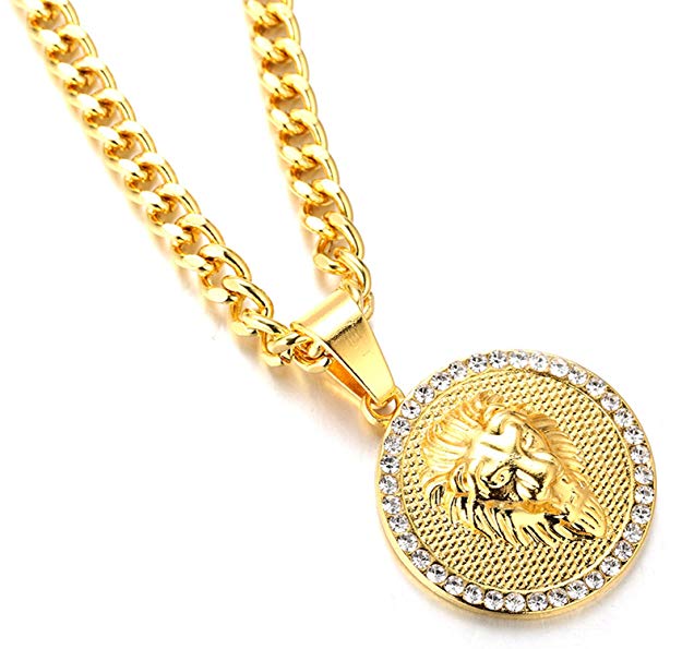 Father's Day Gift 3D Lion Pav'e Medallion Necklace in 14K Gold Plating