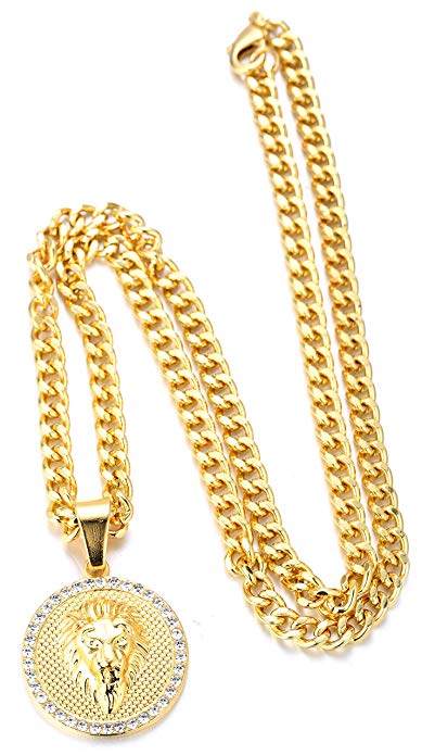 Father's Day Gift 3D Lion Pav'e Medallion Necklace in 14K Gold Plating