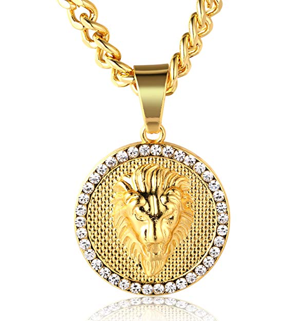 Father's Day Gift 3D Lion Pav'e Medallion Necklace in 14K Gold Plating