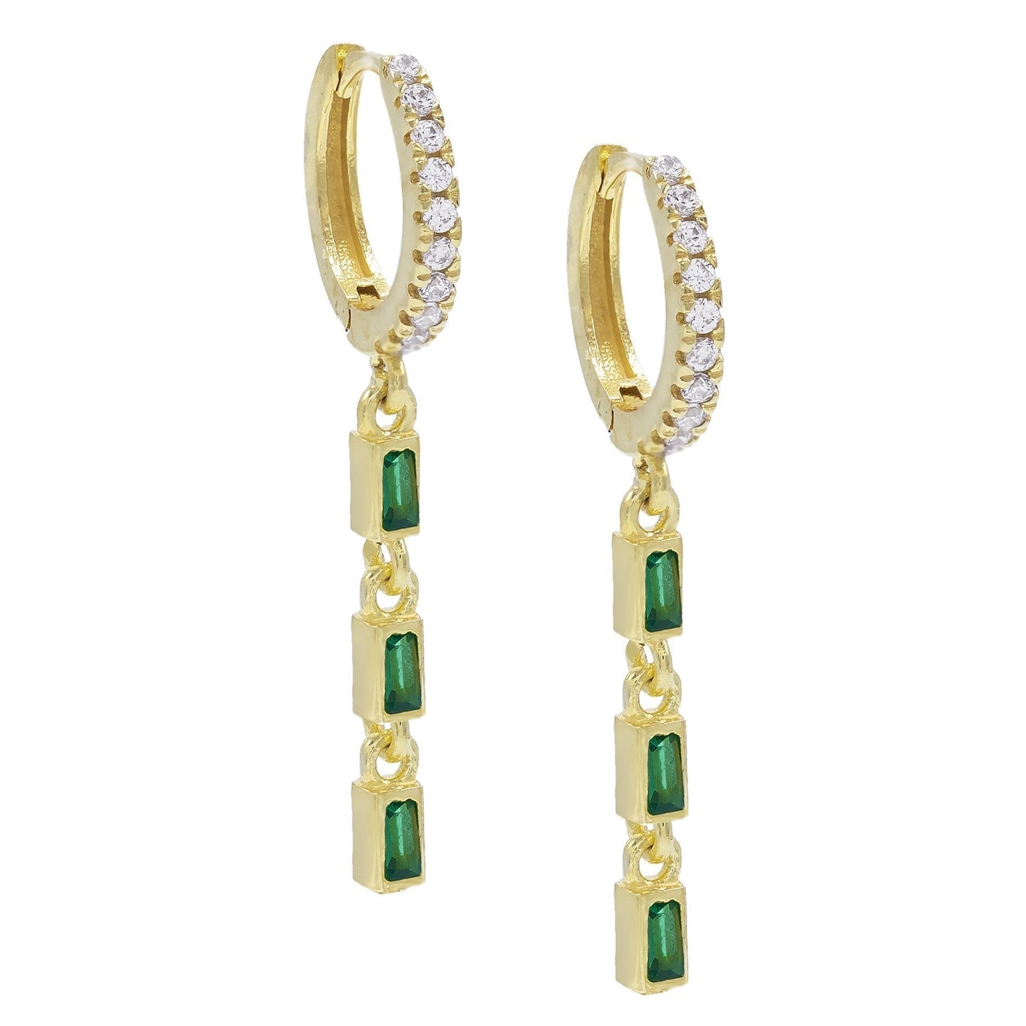 2 PACK -Dangling Three Green Stone Elements Dangling Pav'e Earrings in 14K Gold Plating