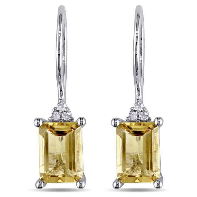 Yellow Crystal Emerald Cut Pav'e Drop Earrings in 14K White Gold Plating