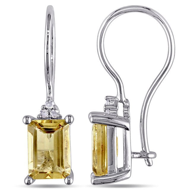 Yellow Crystal Emerald Cut Pav'e Drop Earrings in 14K White Gold Plating