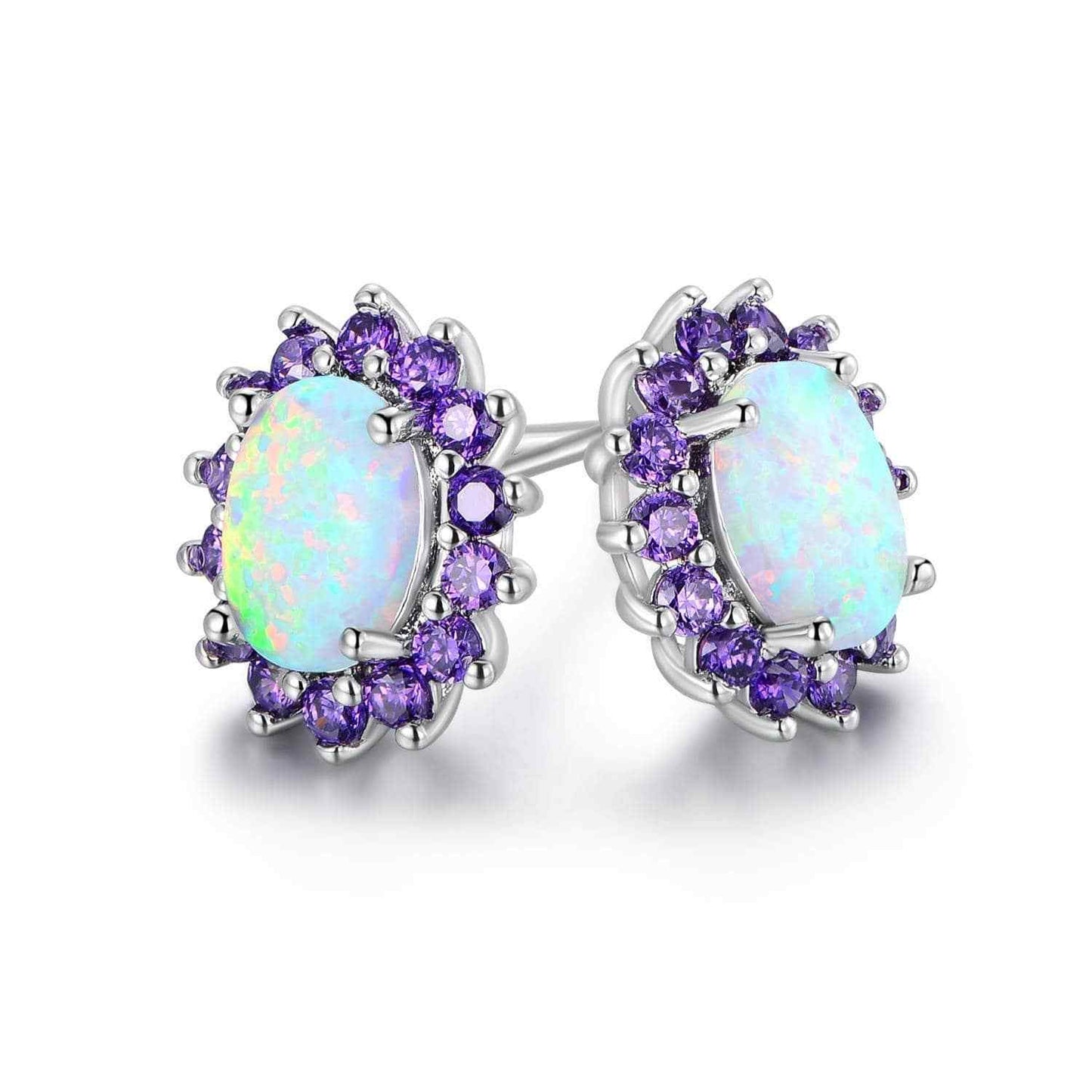 0.25 CTTW White Fire Opal and Amethyst Stud Earrings in 18K White Gold