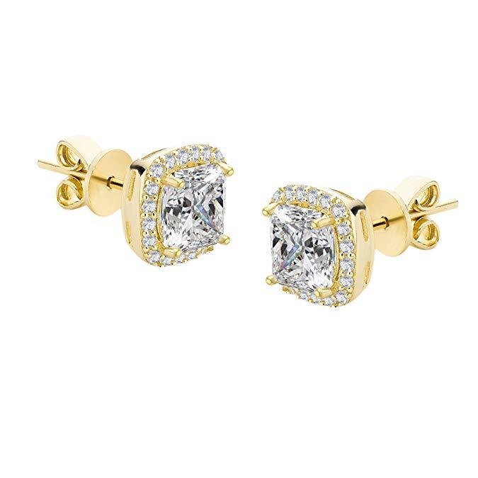 Princess Cut Halo Stud Earrings in 14K White Gold Plating Made with Crystals