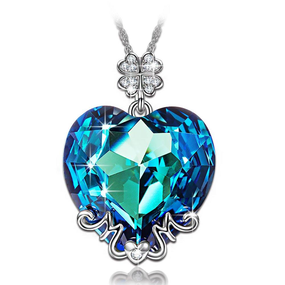 Crystals Bermuda Blue MOM Pave Lucky Clover Necklace
