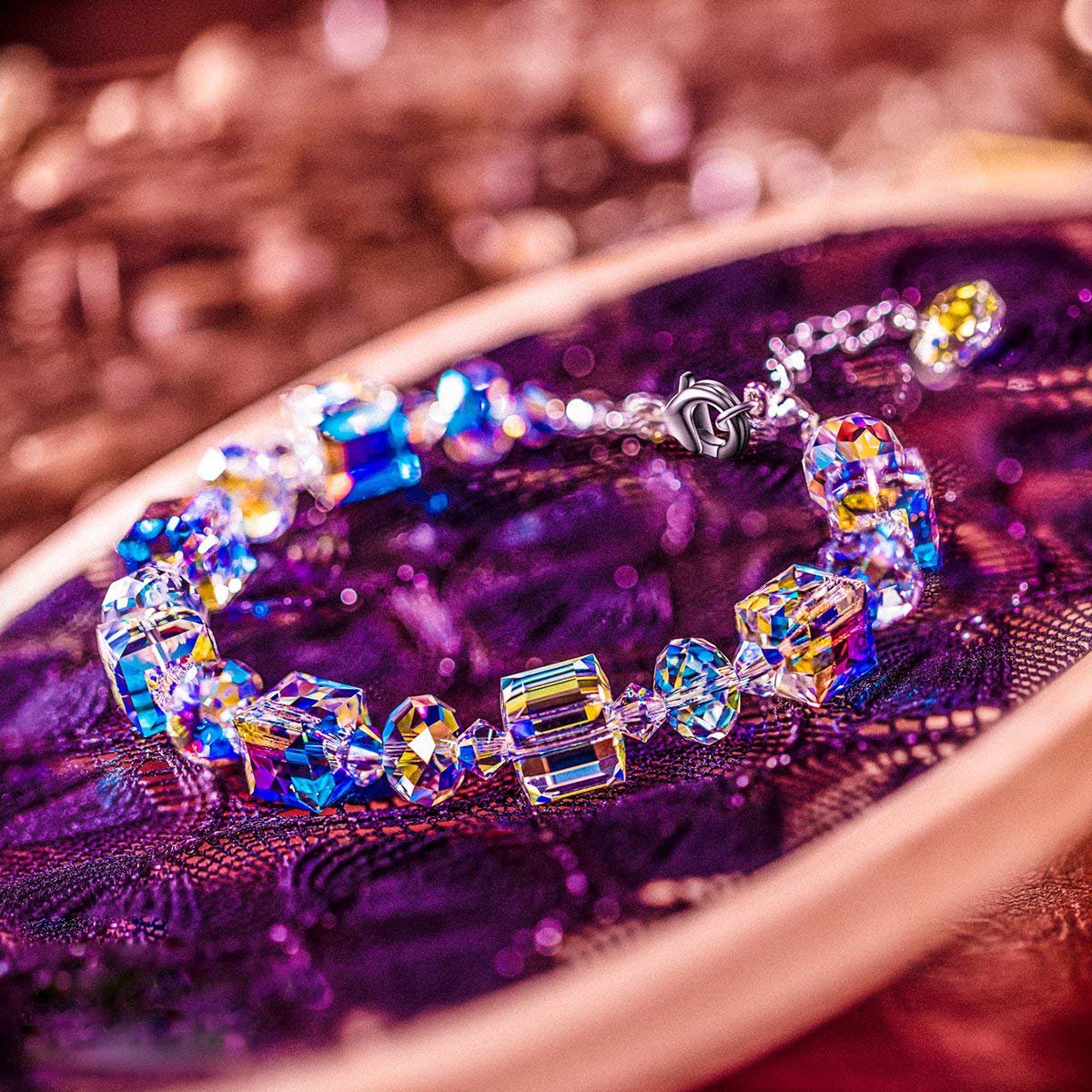 Aurora Borealis Geometric Shaped Bracelet in 18K White Gold Plating, Bracelet, ALILY , ALILY jewelryjewelry deals, swarovski crystal jewelry, groupon jewelry,, jewelry for mom,