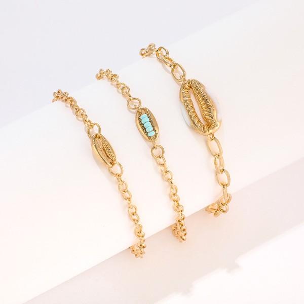 Turquoise Sea-Shell 3 Piece Bracelet Set in 14K Gold - ALILY
