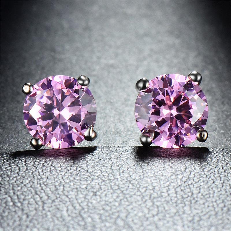 Pink Topaz Onyx Embellished with Crystals 7mm Stud Earringin 18K White Gold Plated