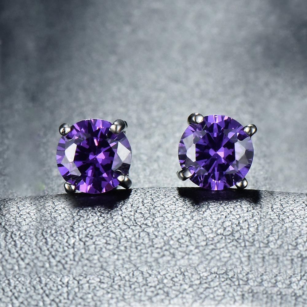 Amethyst Created Austrian Crystal 6mm Stud Earring 14K White Gold Plated - 1.00 CT - Riakoob