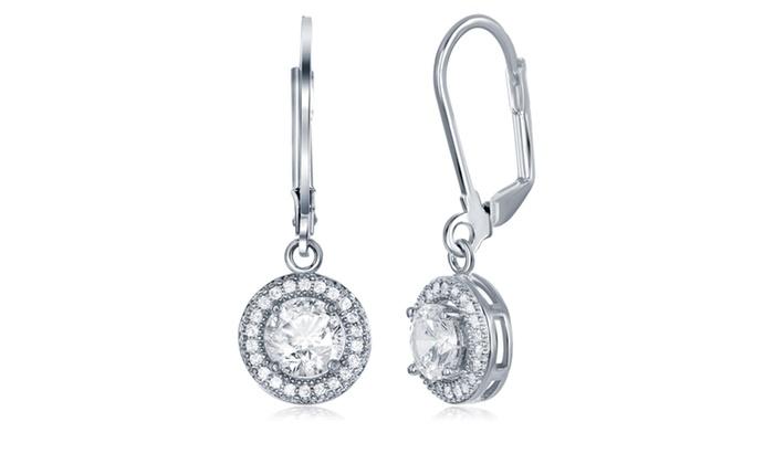 Pave Halo Disc Drop Earring Embellished with Crystals in 18K White Gold Plated