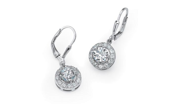 Pave Halo Disc Drop Earring Embellished with Crystals in 18K White Gold Plated