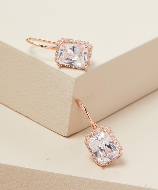 Emerald Cut Elements Leverback Earrings in 14K Rose Gold Plating
