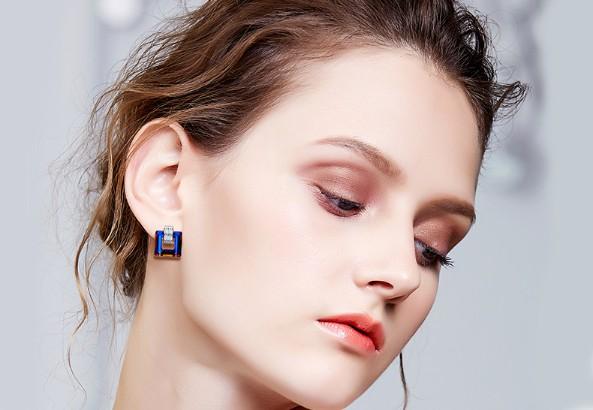 Black Square Shaped Studs in 14K White Gold Plating