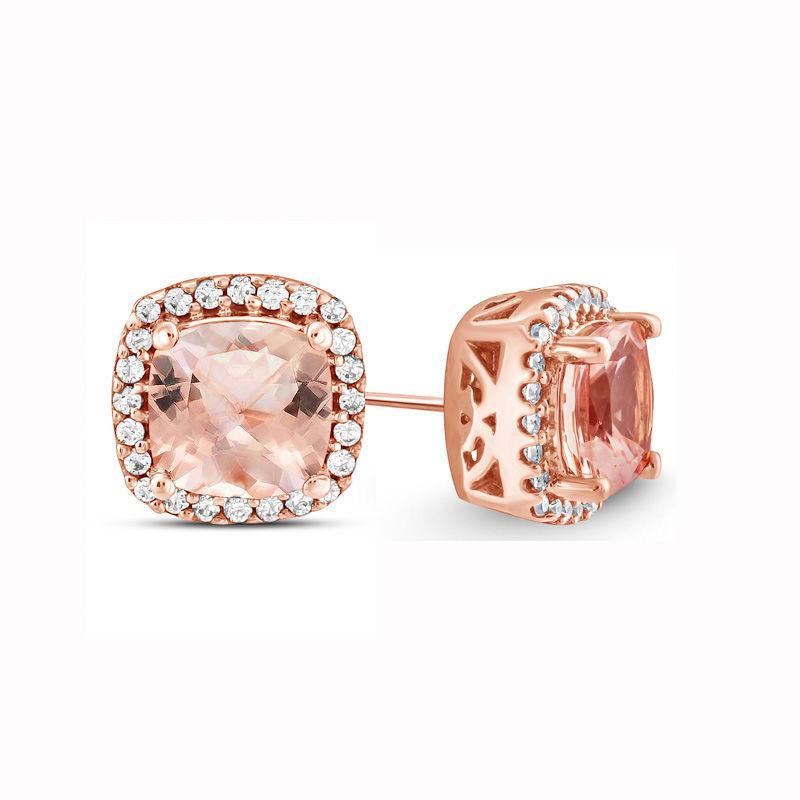 1.00 CT Morganite Halo Princess Cut Stud Earring in 18K Rose Gold Plated - ALILY