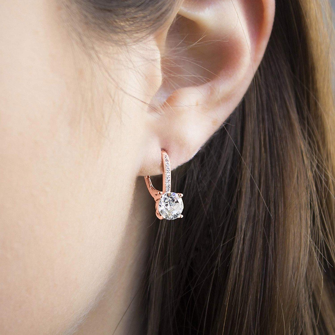 Asscher Cut Elements Pav'e Leverback Earrings in 14K Rose Gold