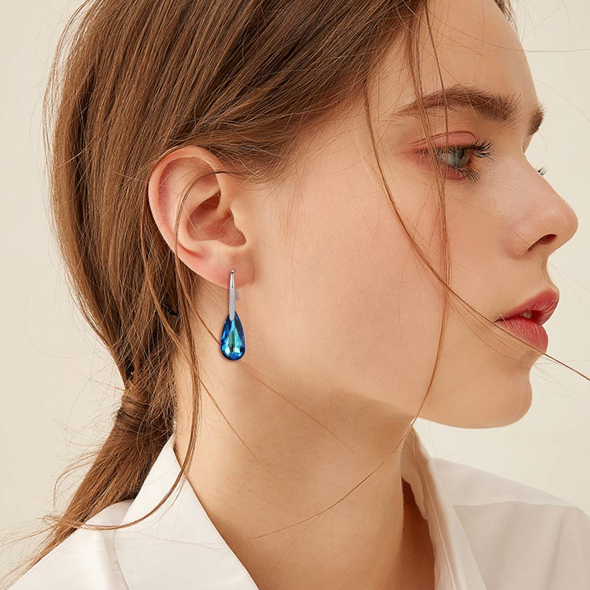 Elements Bermuda Blue Drop Earring in 14K White Gold Plating