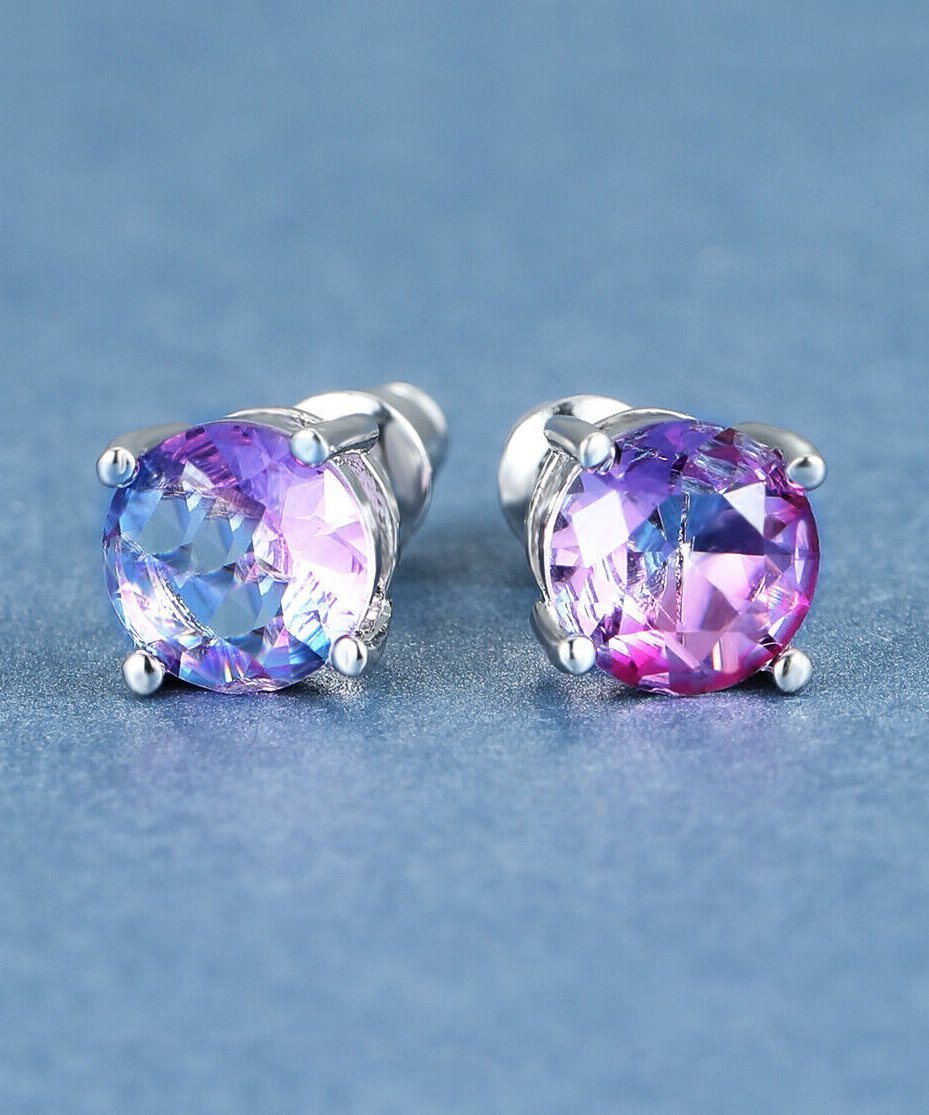 1.25ct Round Cut Purple & Pink Stud Earrings Bi Color With Austrian Crystals in 18K White Gold Plated