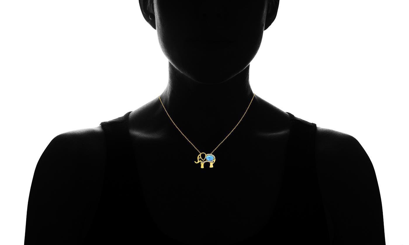Opal Created Elephant Necklace with Crystals 18" - Gold
