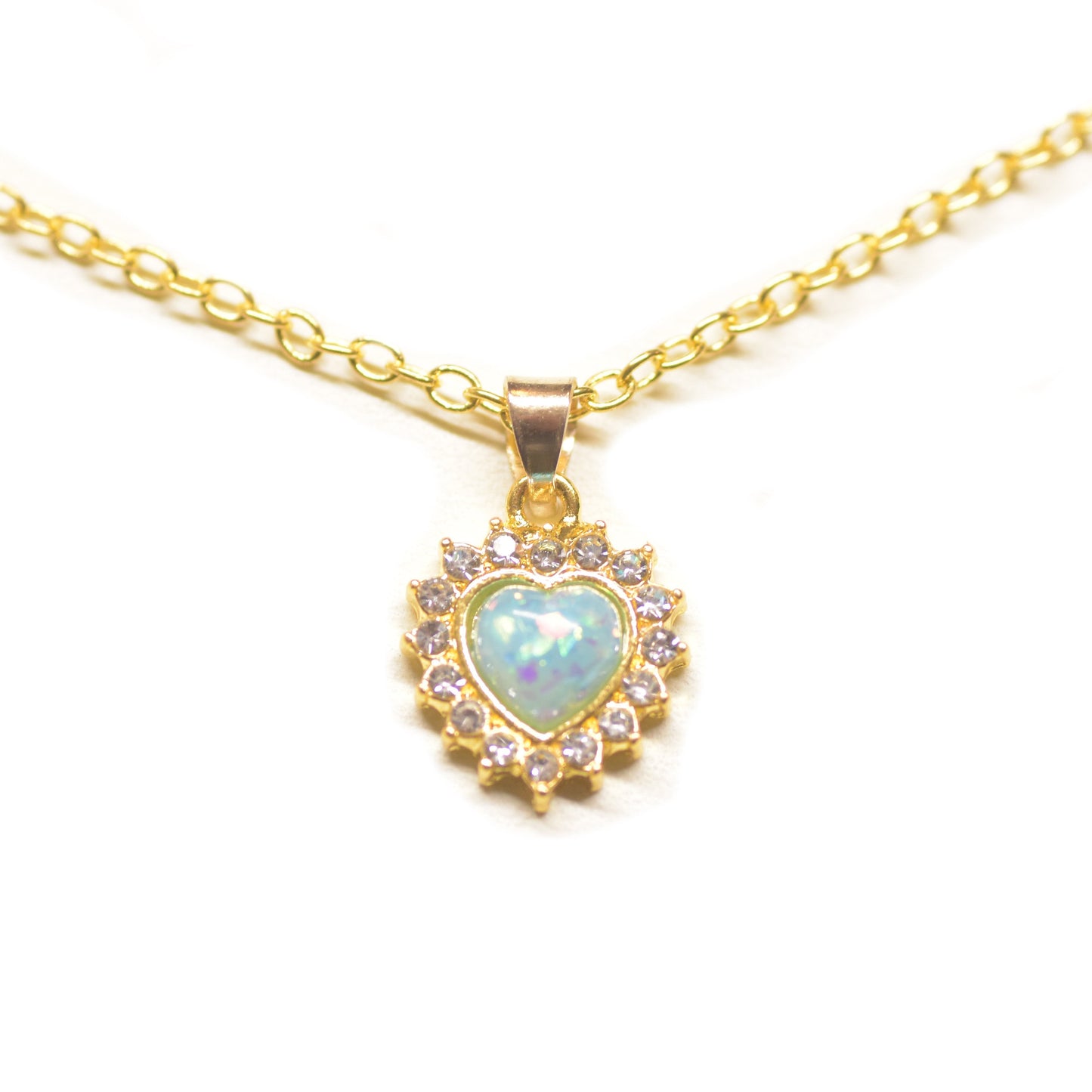 Opal Created Heart Necklace with Crystals 18" - 14K Gold Plated