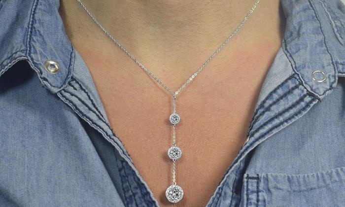 Tripple Embellished with Crystals Ball Drop Necklace in 18K White Gold Plated