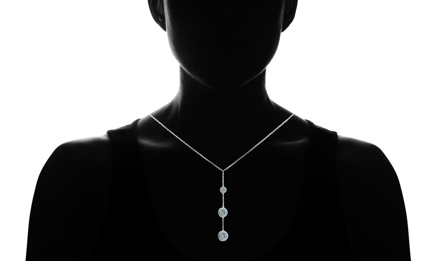 Tripple Embellished with Crystals Ball Drop Necklace in 18K White Gold Plated