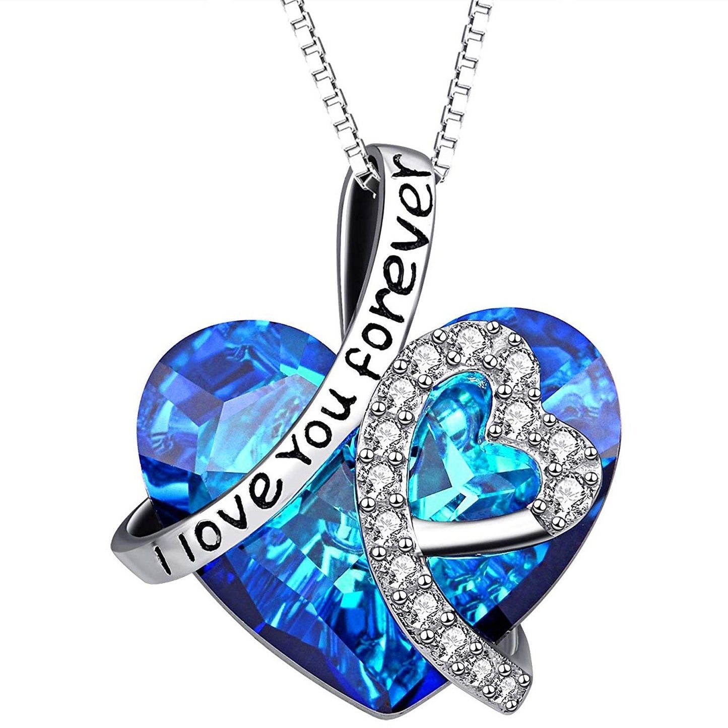 I LOVE YOU FOREVER Blue Crystal Heart Necklace & Gift Box in 18K White Gold Plated