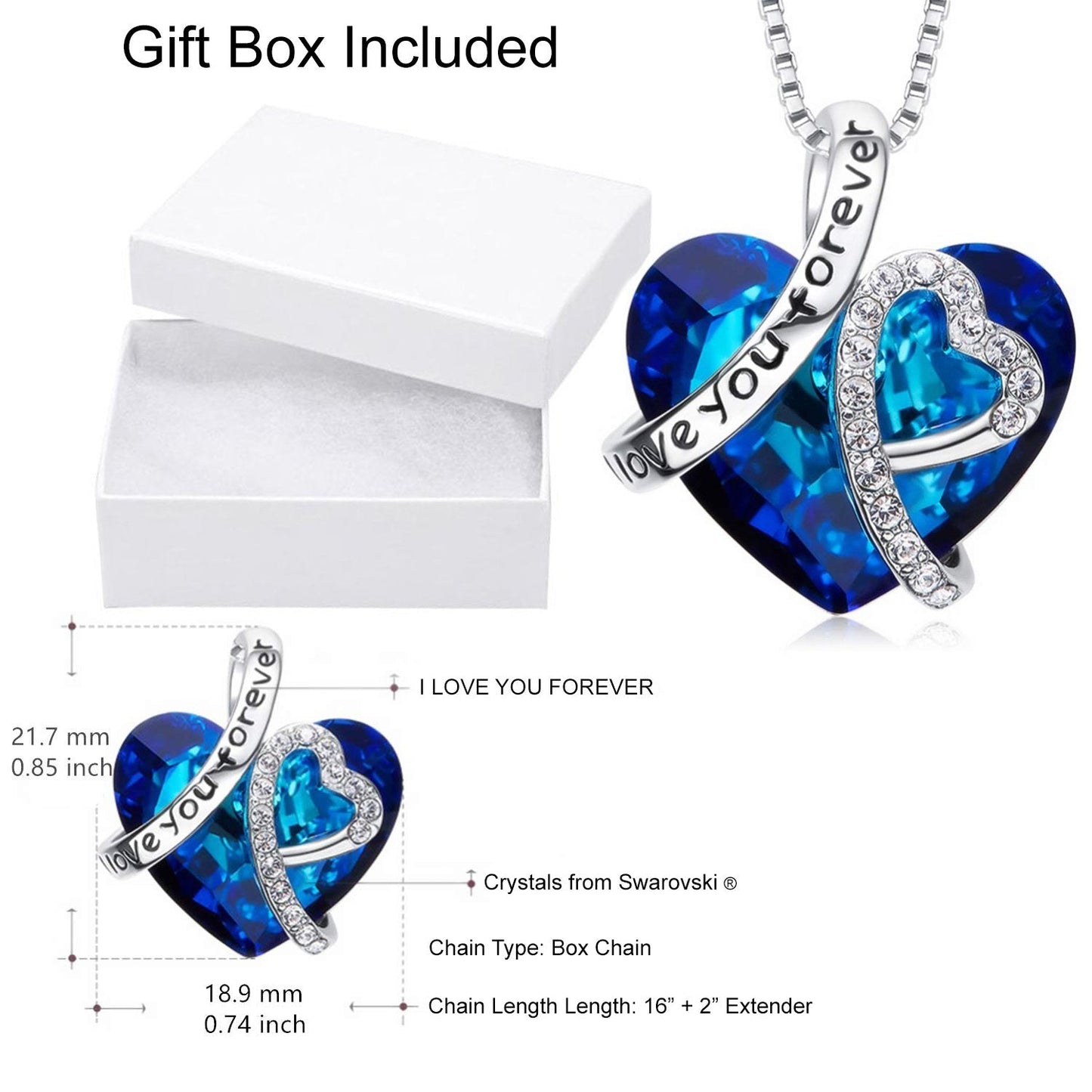 I LOVE YOU FOREVER Blue Crystal Heart Necklace & Gift Box in 18K White Gold Plated