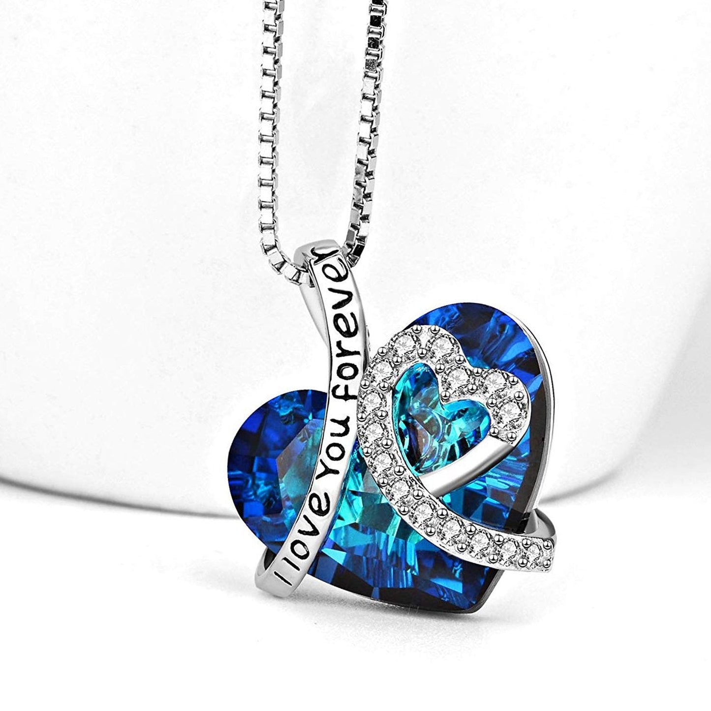 I LOVE YOU FOREVER Blue Crystal Heart Necklace & Gift Box in 18K White Gold Plated