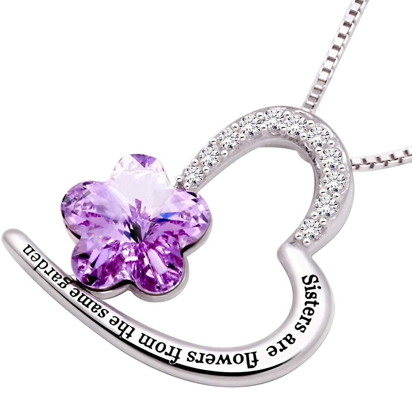 Sisters Amethyst Heart Necklace Embellished with Crystals in 18K White Gold Plated