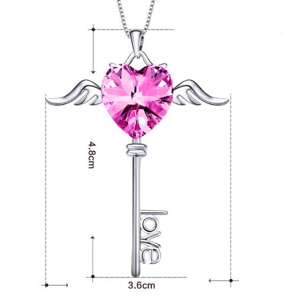Heart Shaped Pink Elements Dangling Key Necklace in 14K White Gold