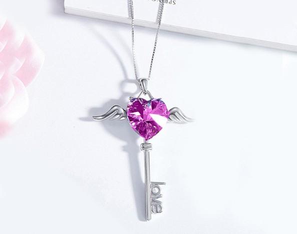 Heart Shaped Pink Elements Dangling Key Necklace in 14K White Gold
