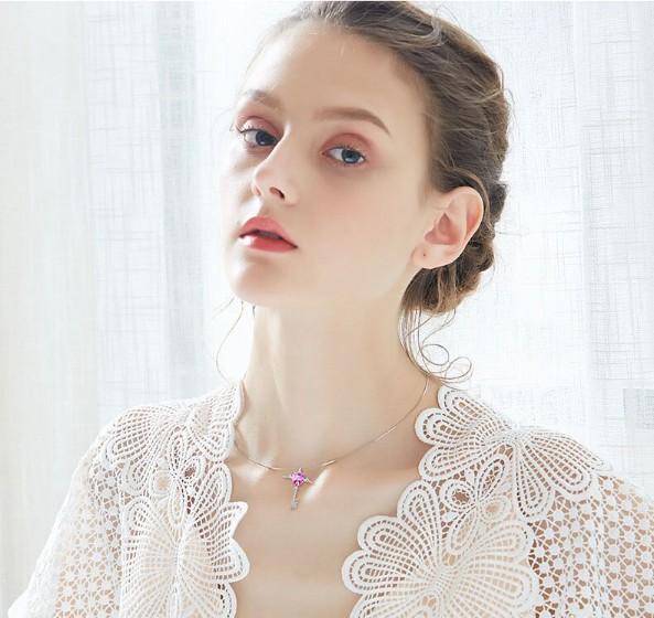 Heart Shaped Pink Elements Dangling Key Necklace in 14K White Gold
