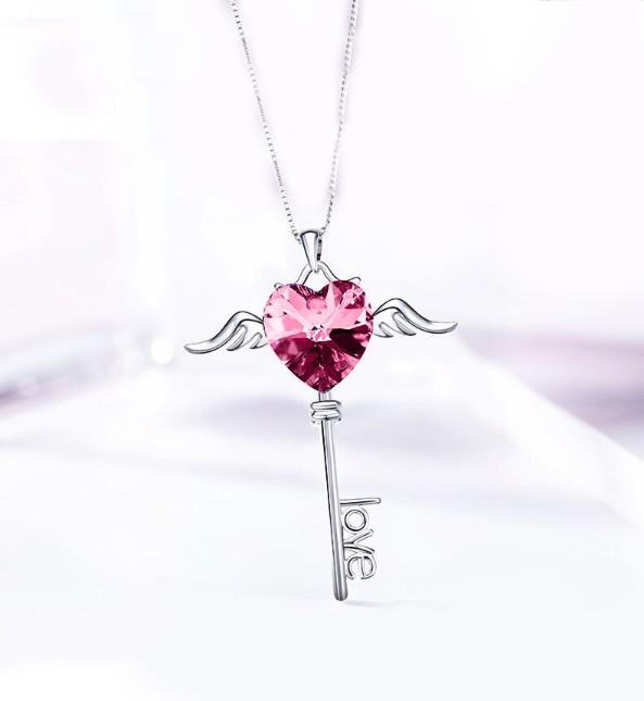 Heart Shaped Pink Elements Dangling Key Necklace in 14K White Gold