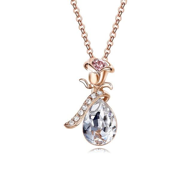 White Elements Teardrop Pear Cut Pav'e Floral Necklace in 14K Rose Gold