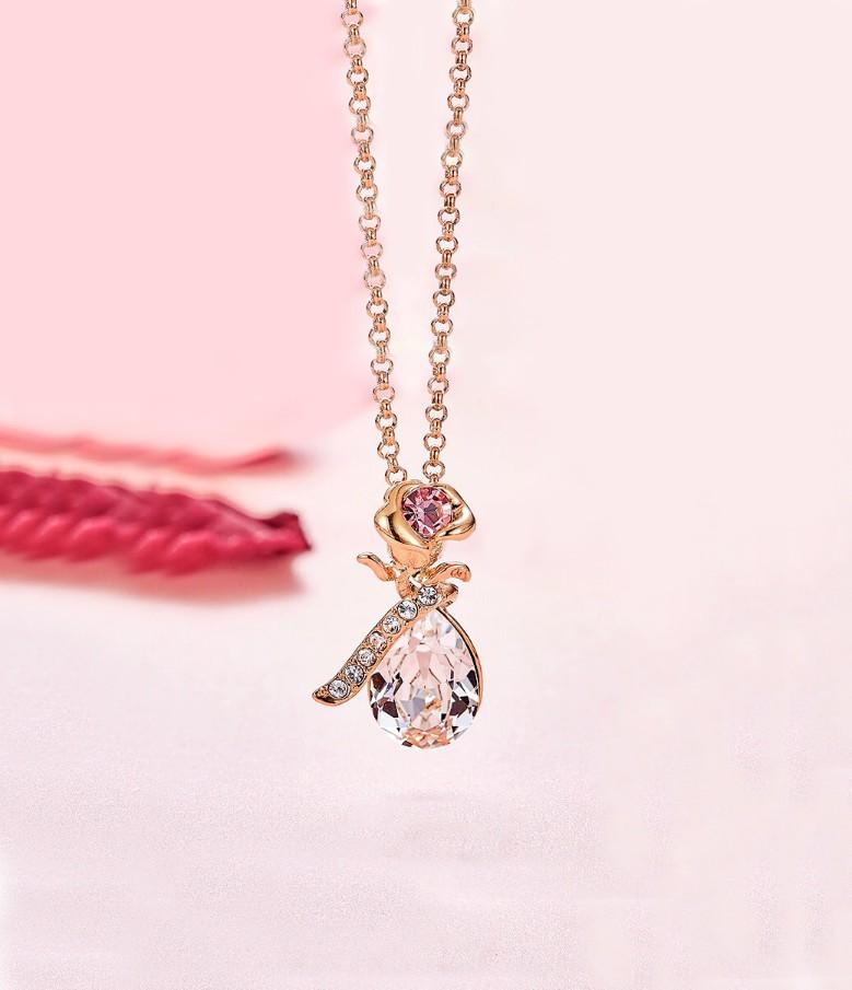 White Elements Teardrop Pear Cut Pav'e Floral Necklace in 14K Rose Gold