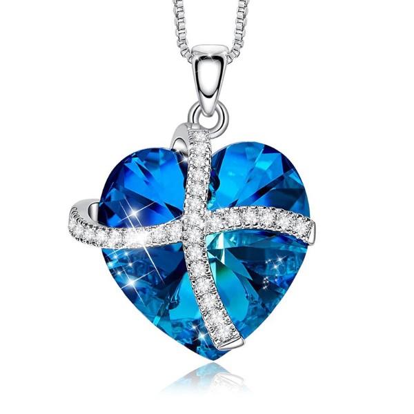 Bermuda Blue Sleek Heart Pav'e Lining Necklace in 14K White Gold