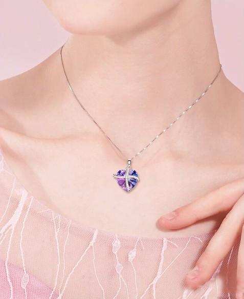 Pink Sleek Heart Pav'e Lining Necklace in 14K White Gold