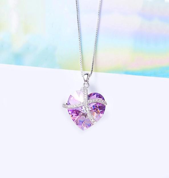Pink Sleek Heart Pav'e Lining Necklace in 14K White Gold