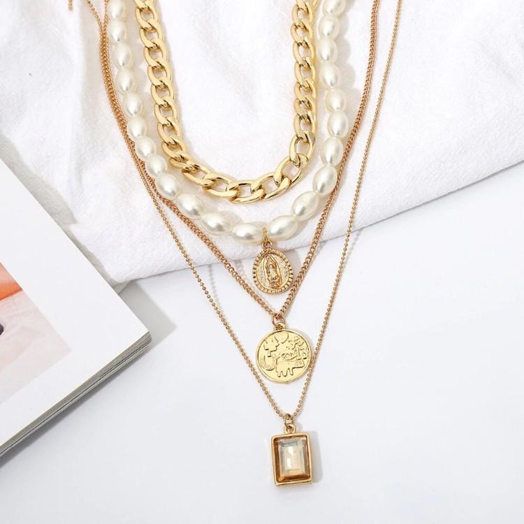 4 Piece Necklace Set: Choker, Pearl, Coin, Pendant - ALILY