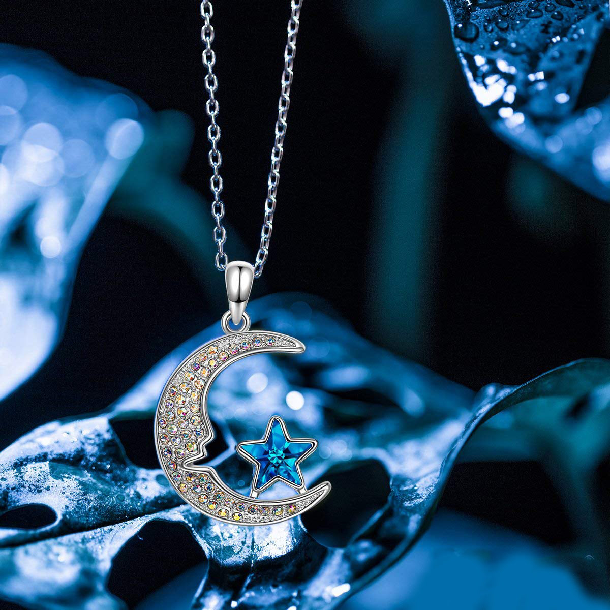 Aurora Borealis Stars & Moon Pav'e Pendant Necklace in 14K White Gold