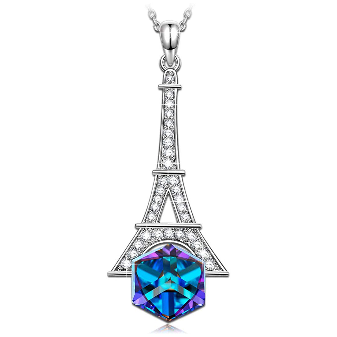 Eiffel Tower Blue Cubed Pendant Necklace in 14K Gold Plating