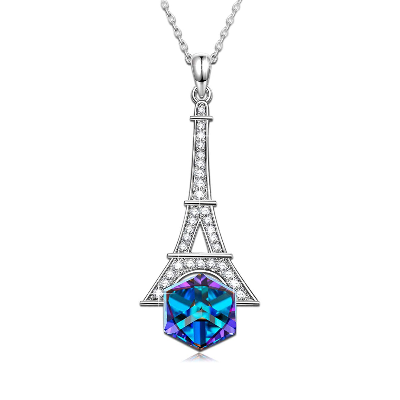 Blue Elements Eiffel Towel Pav'e Necklace in 14K White Gold Plating