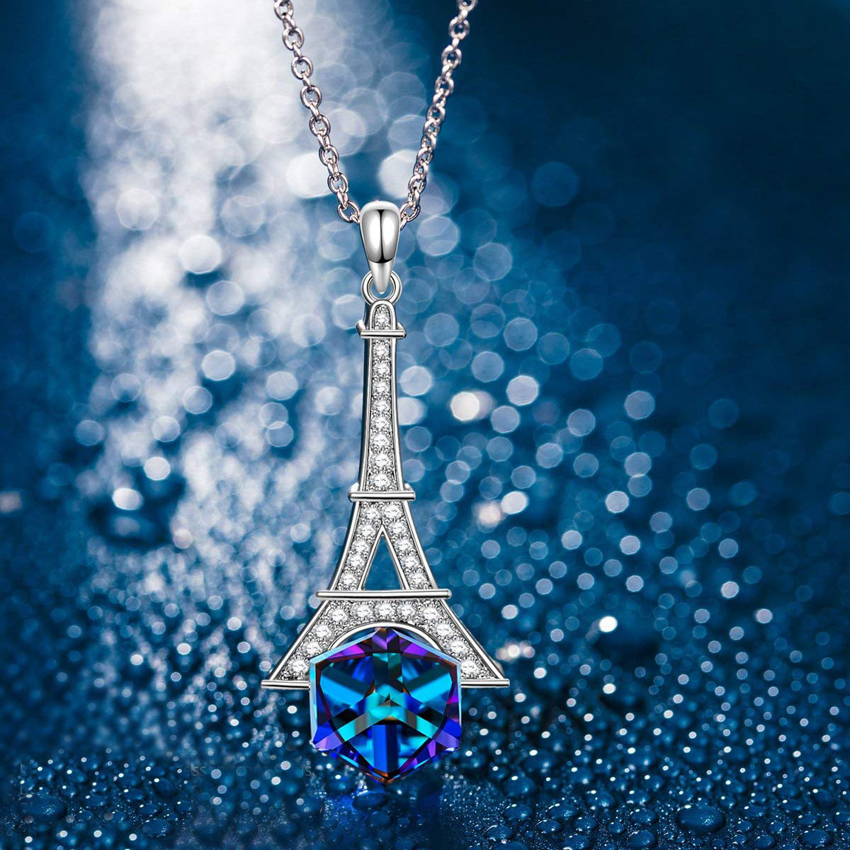 Blue Elements Eiffel Towel Pav'e Necklace in 14K White Gold Plating