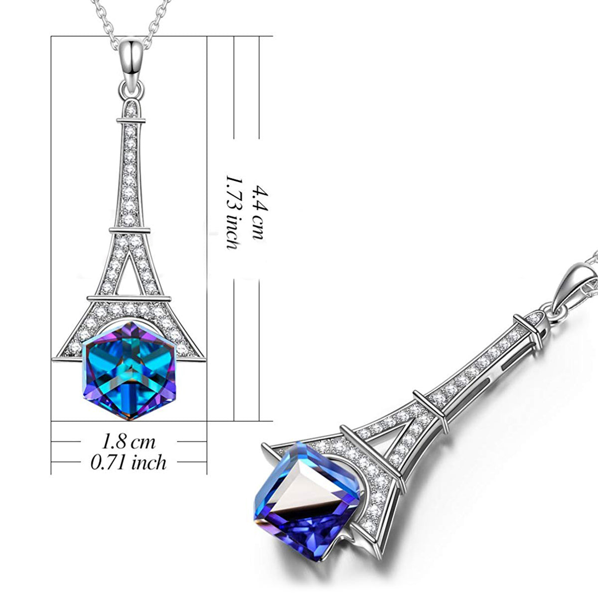 Eiffel Tower Blue Cubed Pendant Necklace in 14K Gold Plating
