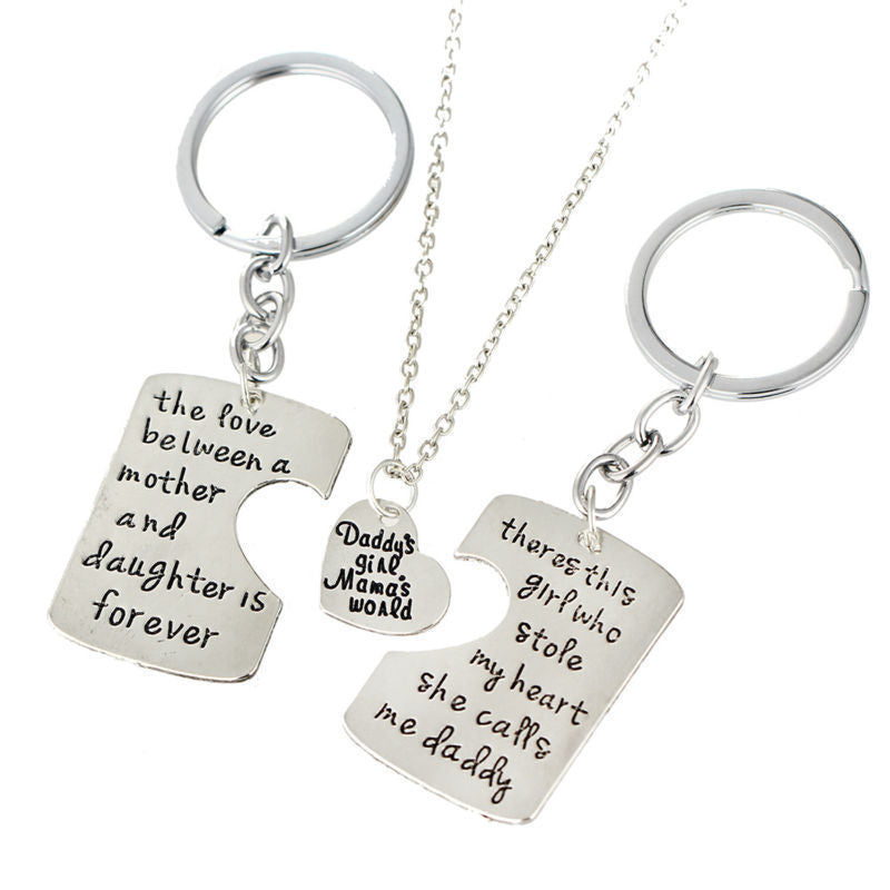 Three Piece Happy Family Quote Pendant Necklaces in Silver Plating